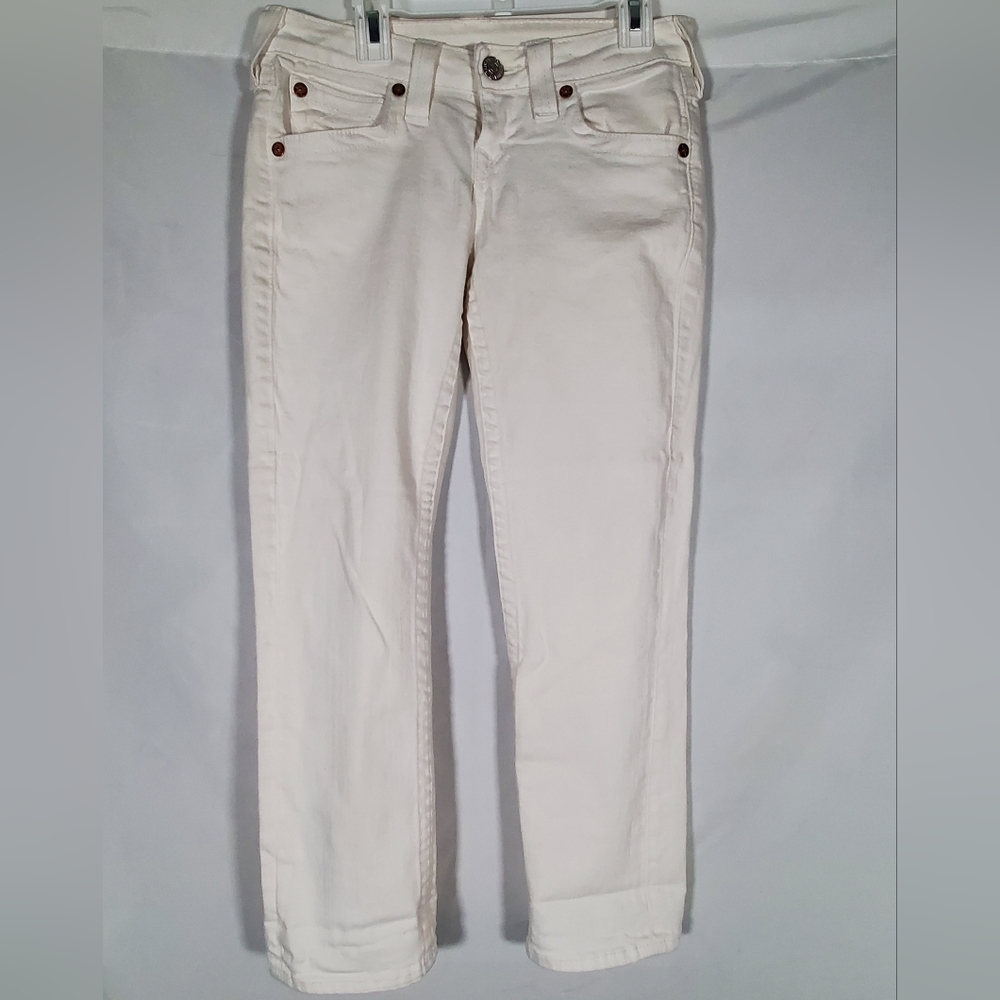 TRUE RELIGION IVORY WHITE CAPRI LOGO DESIGNER DENIM STRECH JEANS